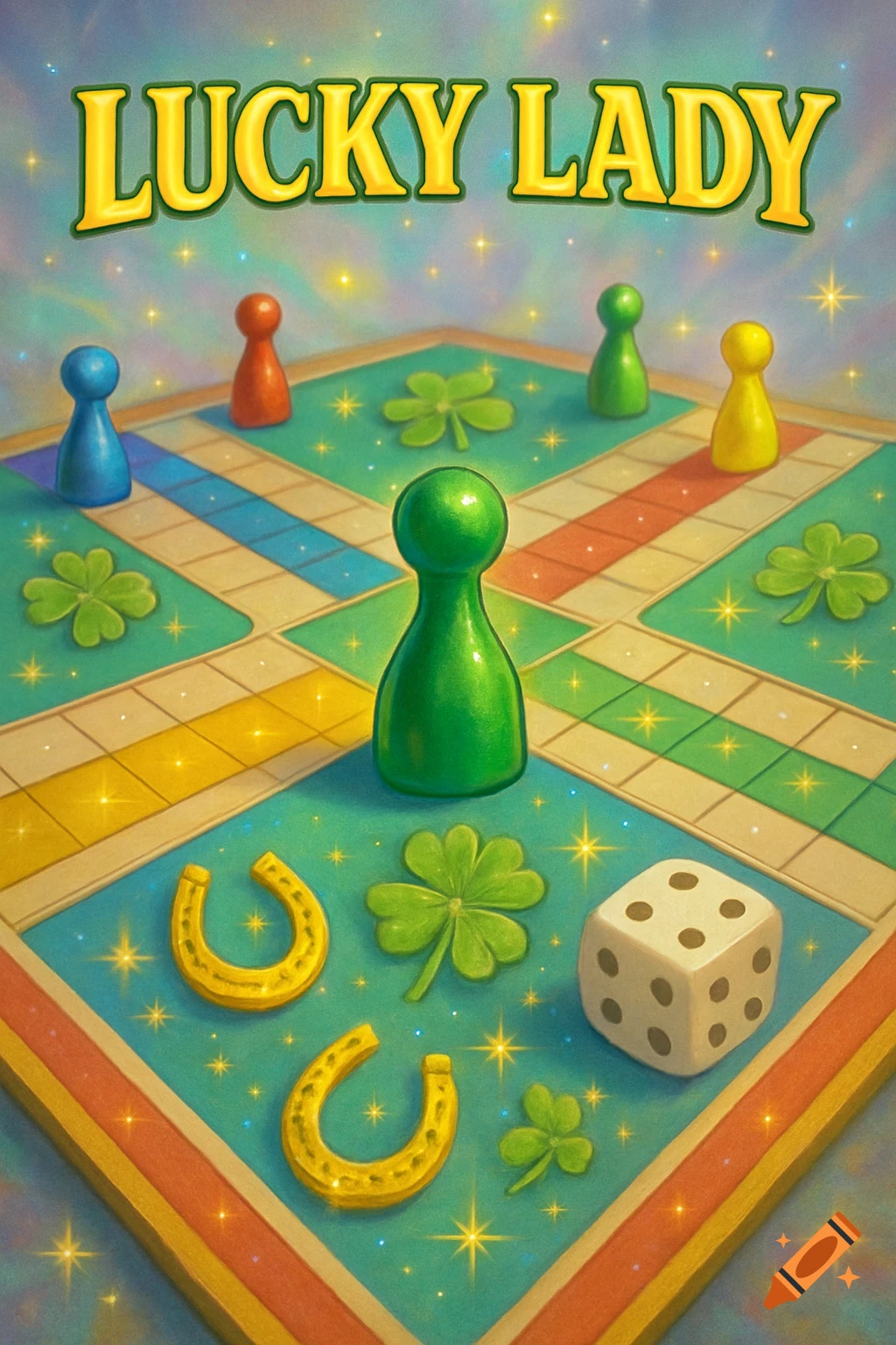 A colorful illustrated Ludo-style board game with pieces, dice, shamrocks, horseshoes, and 'LUCKY LADY' text at the top, on a starry background.