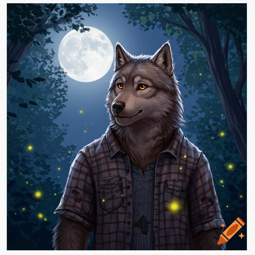 An illustrated kind-looking werewolf in a plaid shirt stands in a moonlit forest with fireflies.