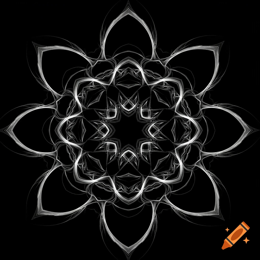 An intricate black and white symmetrical abstract pattern with white lines radiating from the center.