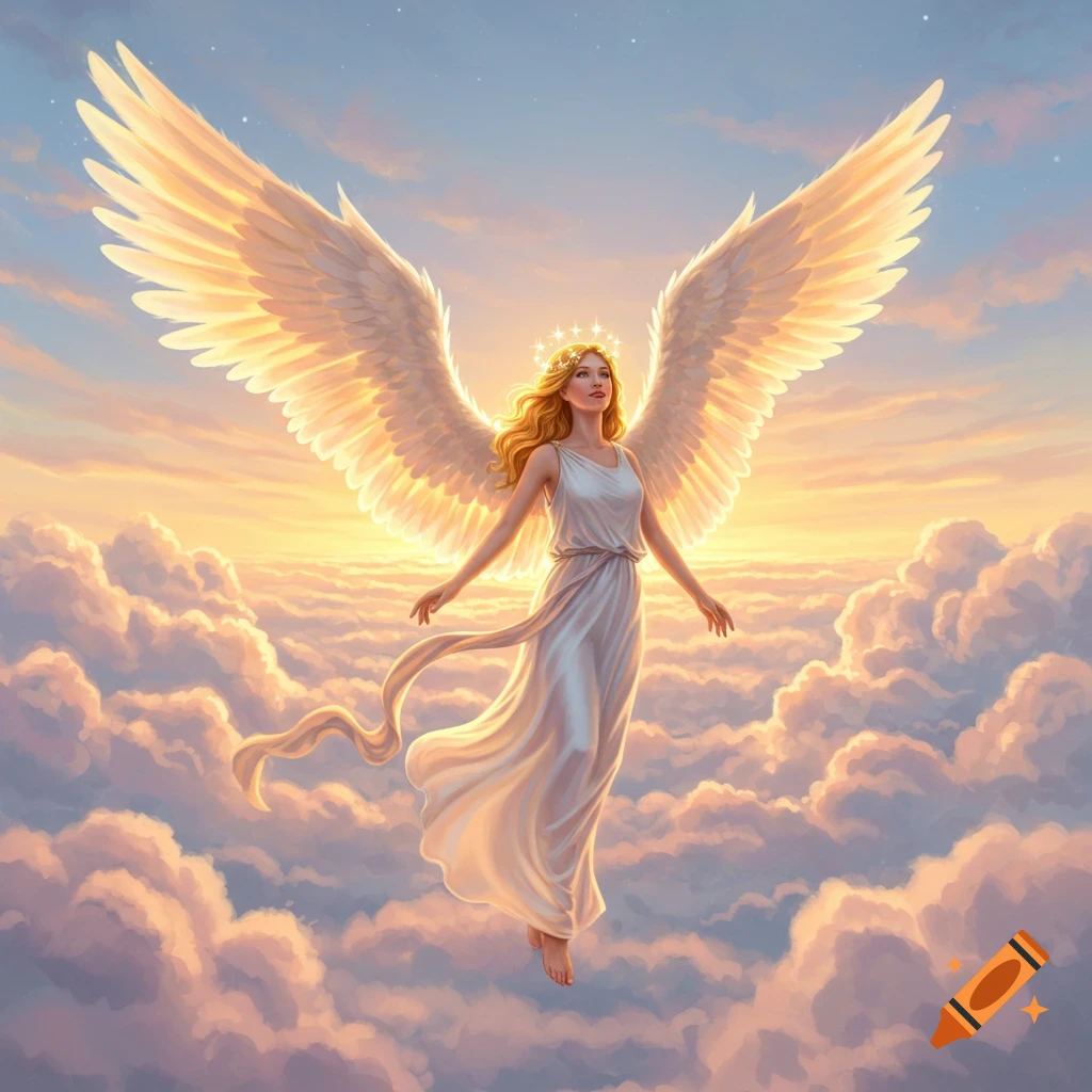 A beautiful angel with long blonde hair and large white wings floats above clouds during a golden sunset.