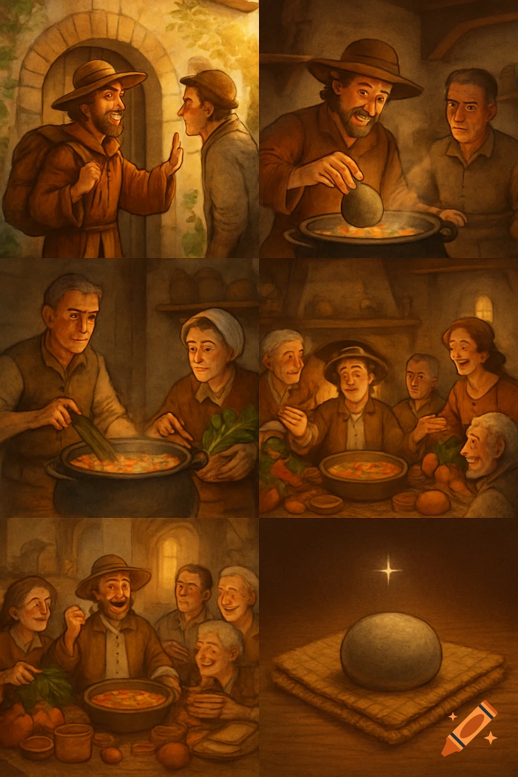 A multi-panel illustration depicting the Stone Soup fable. It shows a traveler arriving, villagers adding ingredients to a pot, a community feast, and a single stone with a shining star.