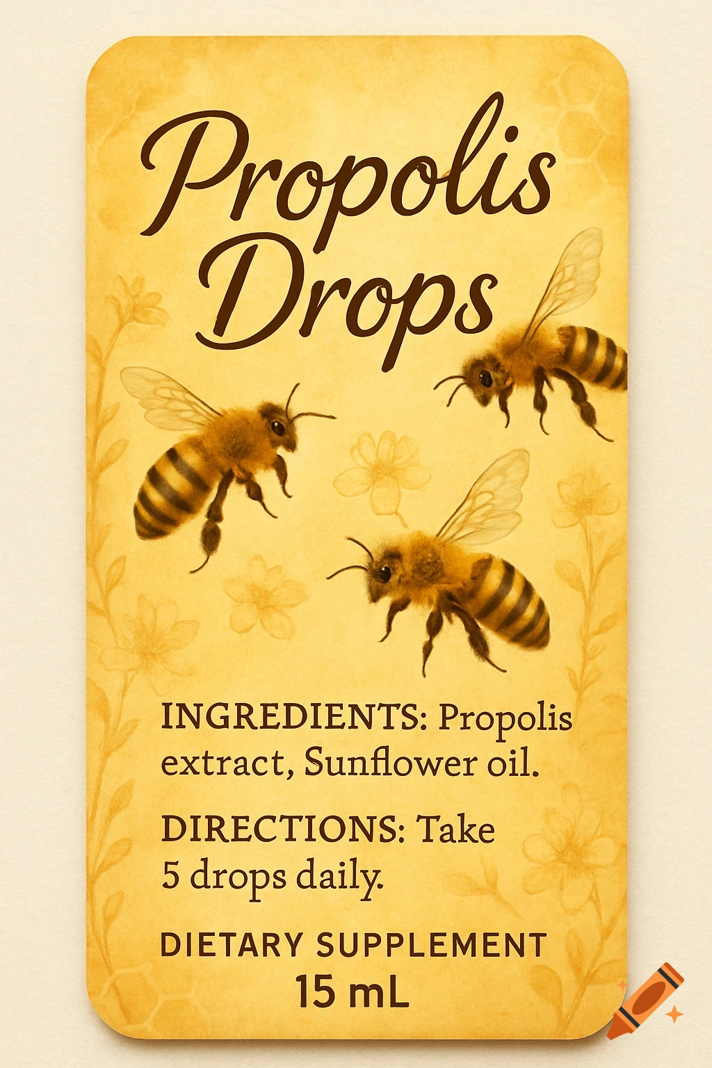A textured golden label for 'Propolis Drops' with three illustrated bees, ingredients, directions, and '15 mL'.