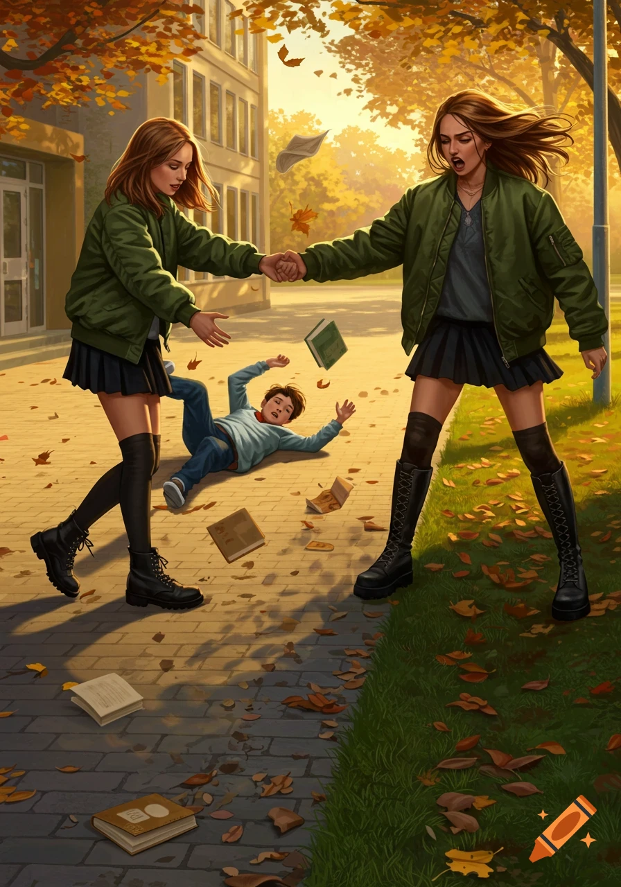Two girls in green jackets stand over a boy who has fallen in an autumn schoolyard, with one girl reaching to help.