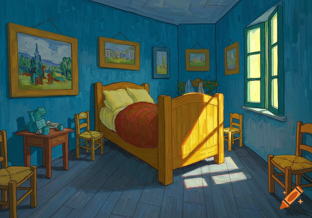 A cartoon-style bedroom resembling Van Gogh's 'Bedroom in Arles' with blue walls, a wooden bed, and chairs, with sunlight streaming through a window.