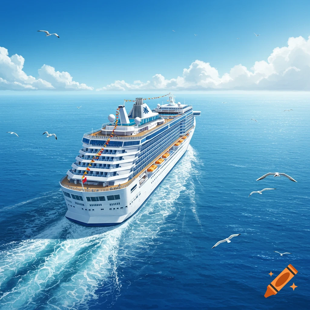 A large white and blue cruise ship sails on a vast blue ocean, leaving a wake. Scattered clouds are in the sky, and seagulls fly nearby.