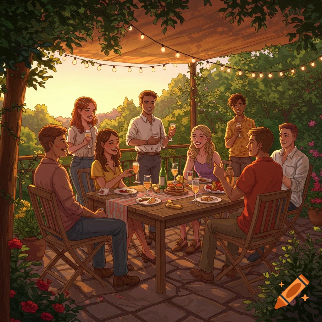 An animated illustration of a group of friends enjoying a sunset outdoor dinner party on a patio with string lights.