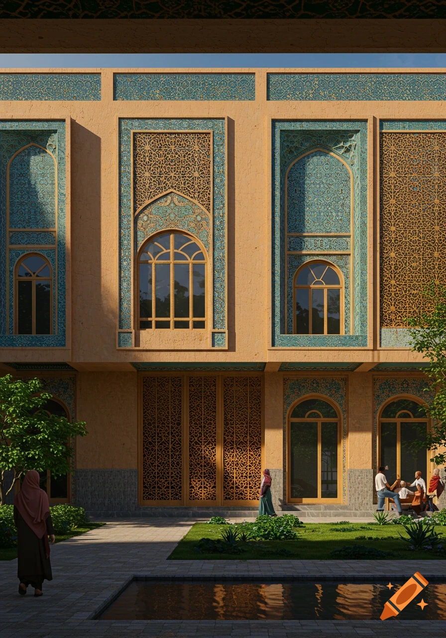 Modern Iranian Islamic building with blue and gold patterns, arched windows, and a courtyard with people and a reflective pool.