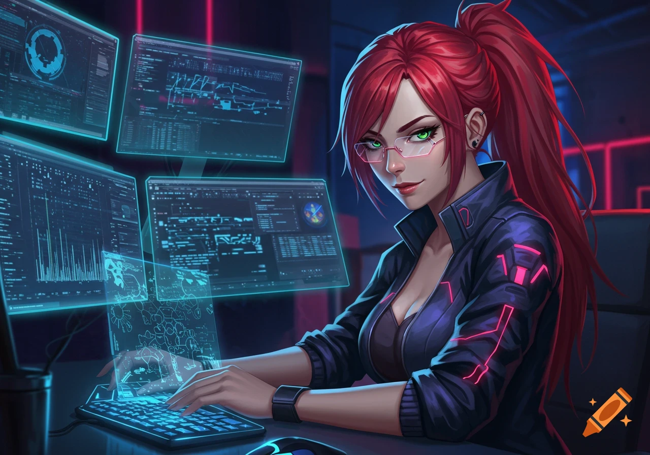 An anime-style woman with red hair and glasses works at a desk surrounded by multiple glowing computer screens displaying code and data.