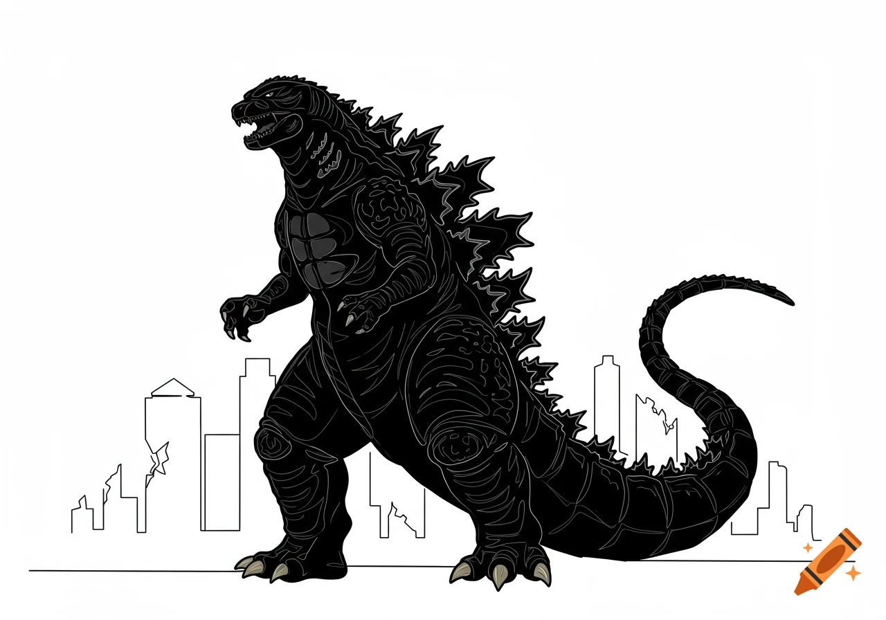 A black and white illustration of Godzilla standing with a city skyline outline in the background.
