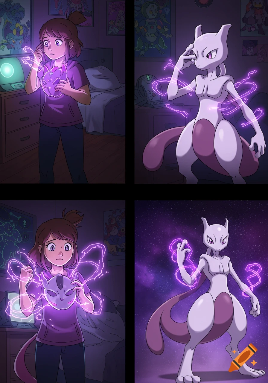 Four-panel comic showing a teenage girl transforming into Mewtwo, surrounded by purple energy, in an anime style.