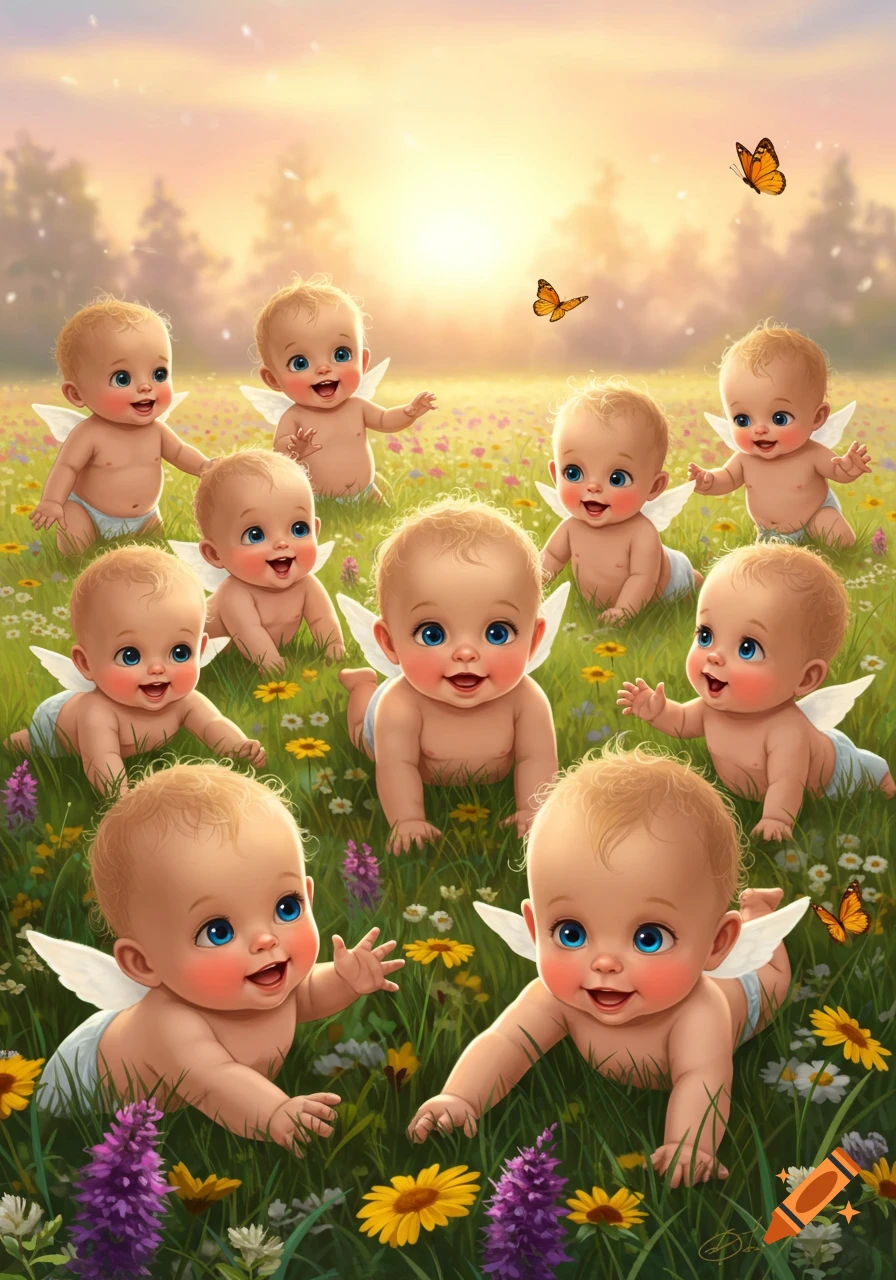 Many happy, winged babies crawl and sit in a vibrant meadow filled with colorful flowers under a bright, warm sky.