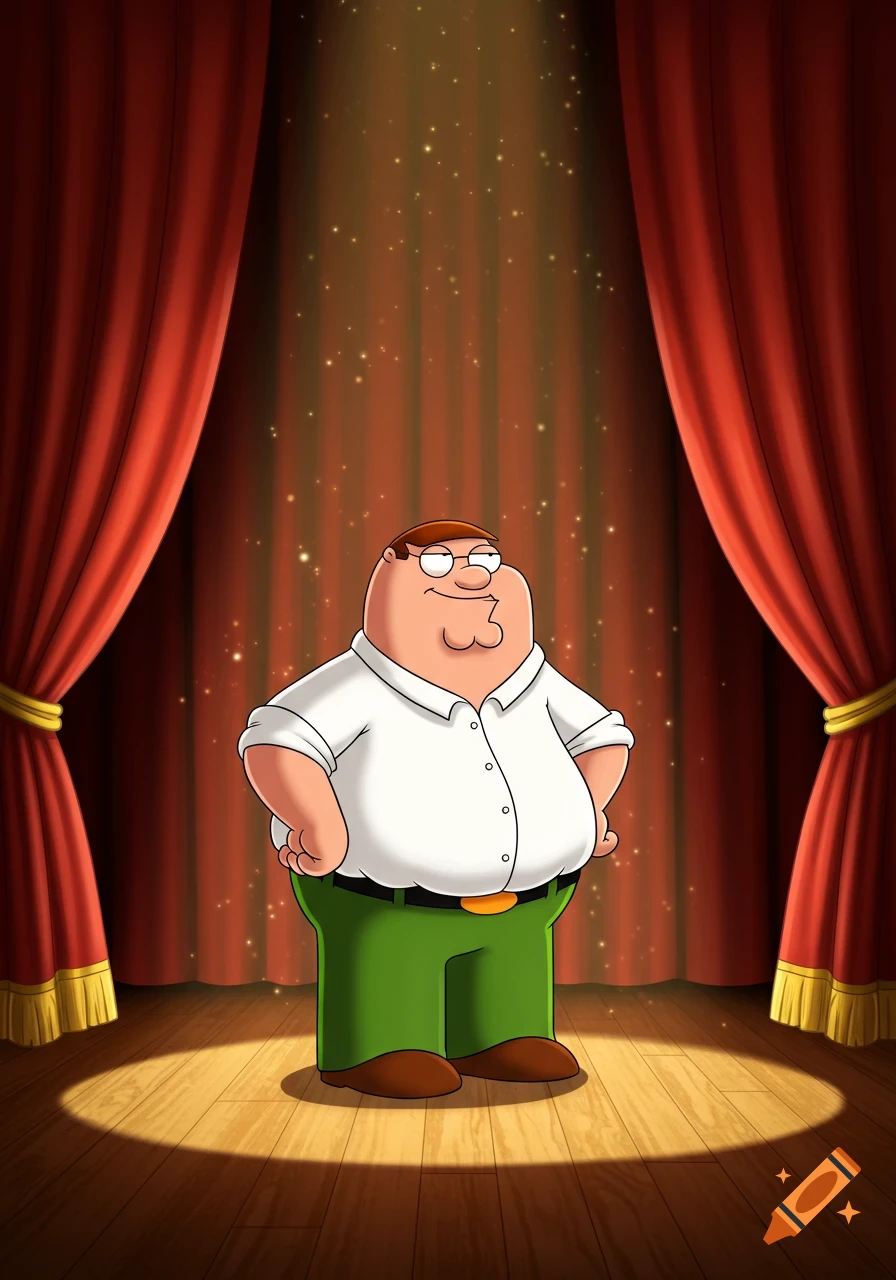 Peter Griffin stands smiling on a spotlighted wooden stage with closed red velvet curtains behind him, in a cartoon style.