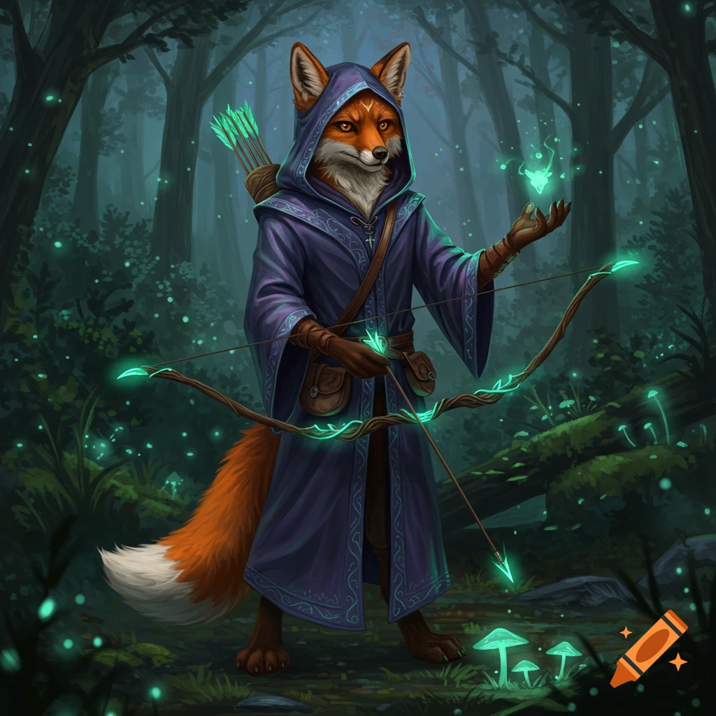 A fox wizard in a hooded purple robe holds a glowing bow and arrow in a magical, dark forest with luminescent mushrooms.