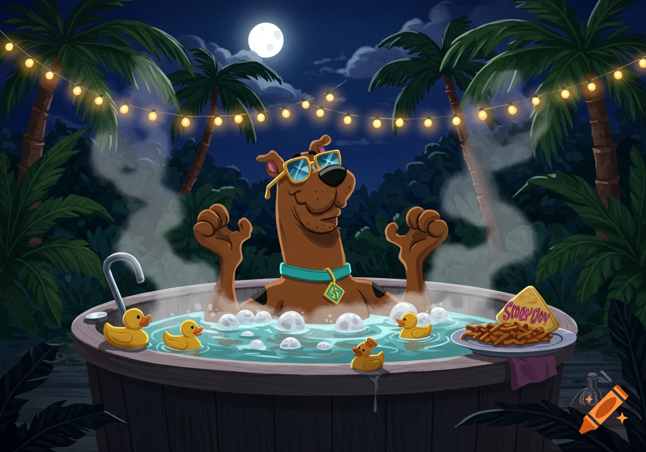 Scooby-Doo relaxing in a bubbling hot tub at night, surrounded by palm trees and string lights, with rubber ducks and a plate of food.