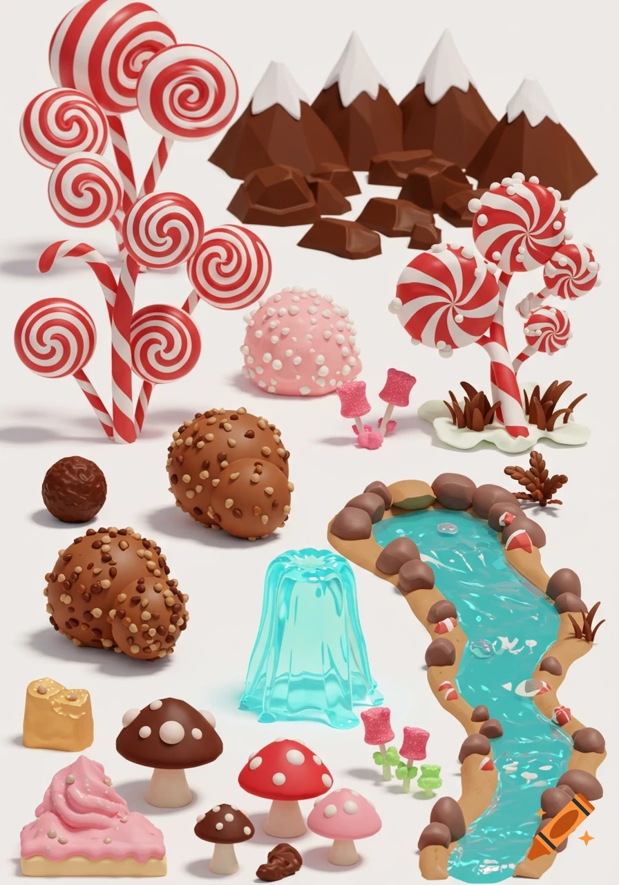 3D cartoon style fantasy landscape made of sweets, including lollipop trees, chocolate mountains, and a blue jelly pond, on a white background.