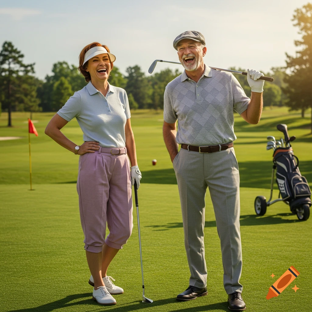 Photorealistic image of two smiling senior golfers, a man and a woman, posing on a golf course with clubs and a golf bag.