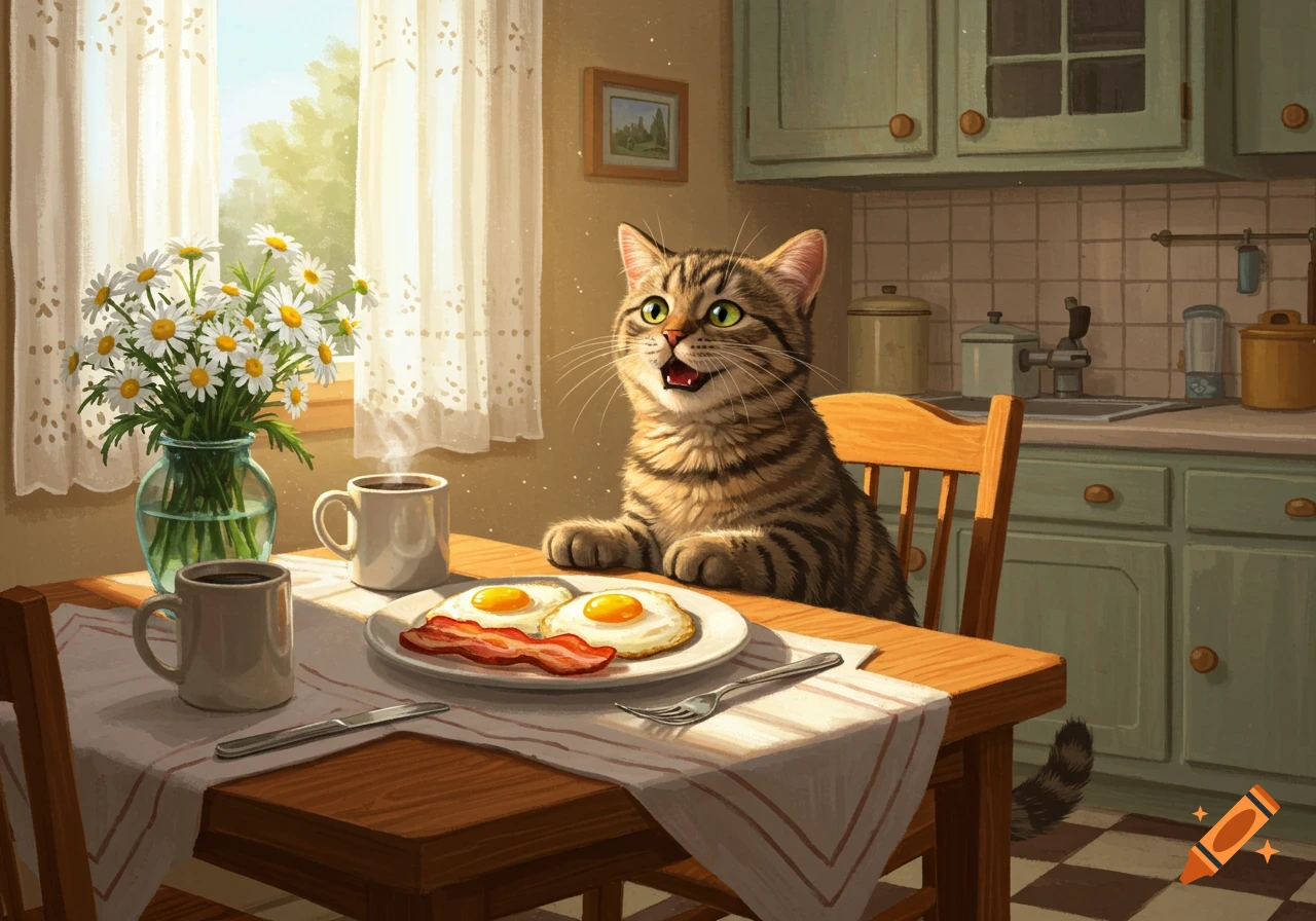 A cute tabby cat sits at a kitchen table with fried eggs, bacon, and coffee mugs, illuminated by morning light.