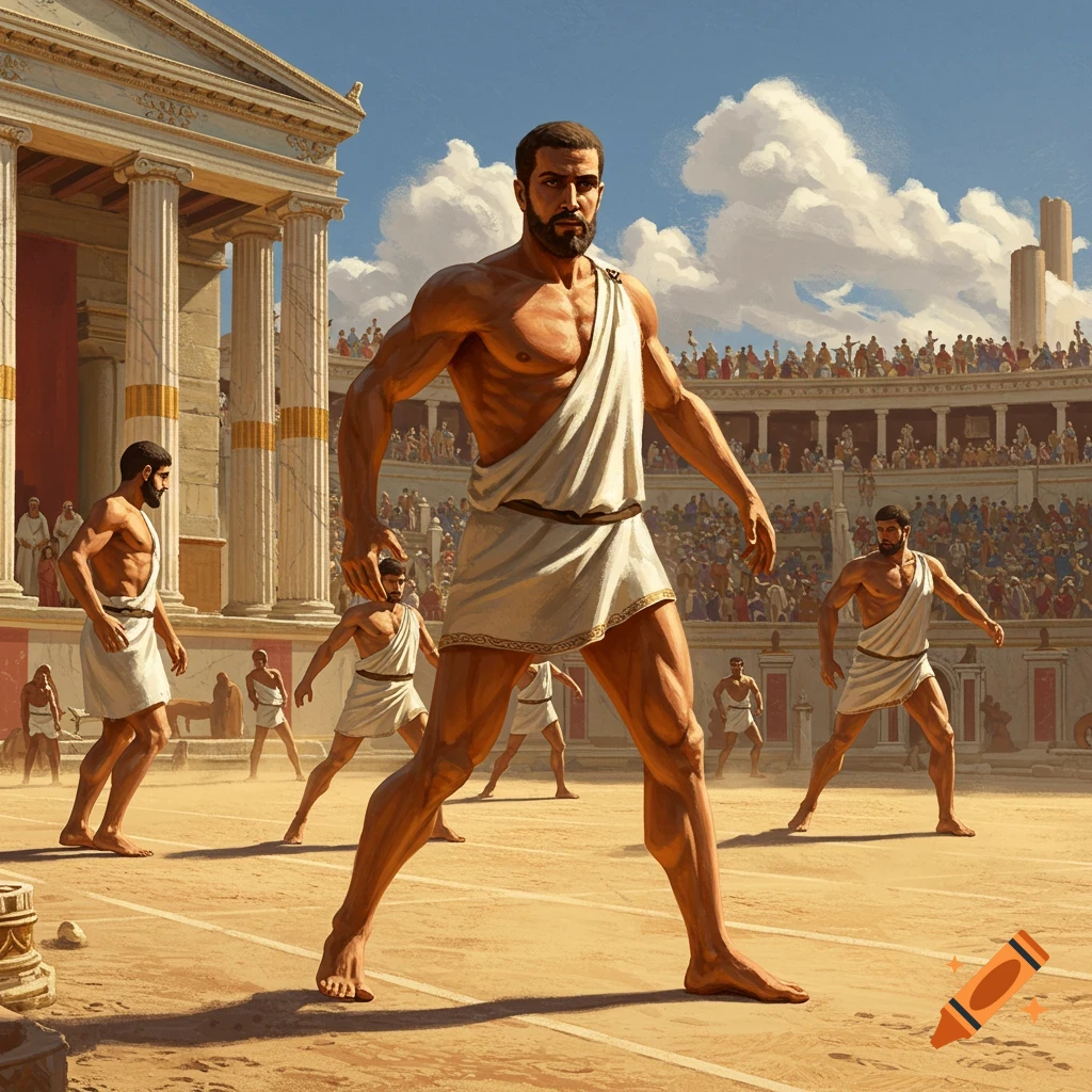 Muscular ancient Greek athletes in white tunics in a sunlit stadium with classical architecture and spectators. Illustrated.
