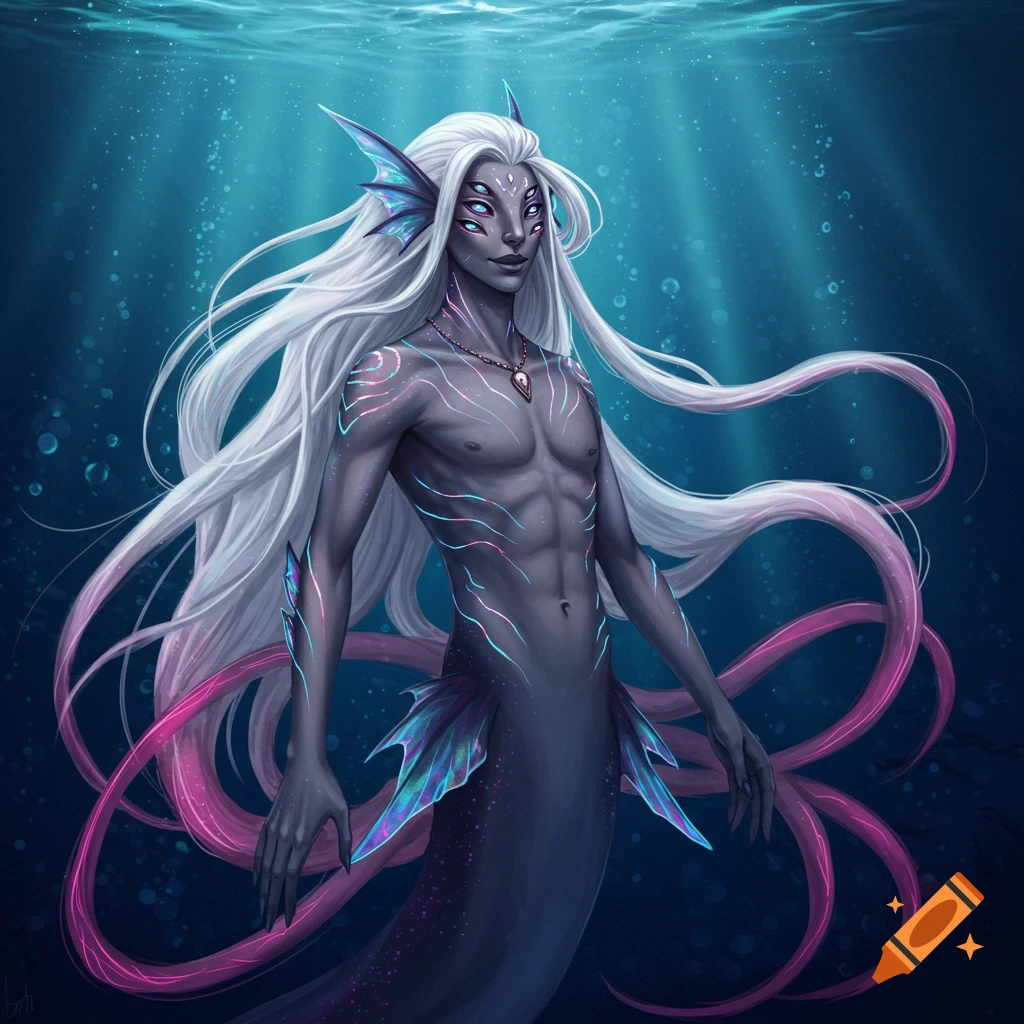 Ocean Merman An illustration of a merman with white hair, six eyes, blue skin ...
