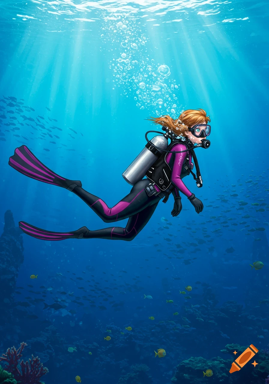 Cartoon Anna from Frozen scuba diving in a pink and black wetsuit among fish and coral in a vibrant blue ocean.