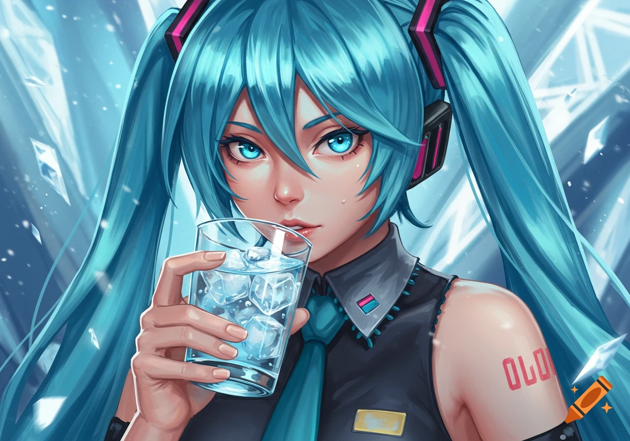 Close-up of an anime girl with long blue pigtails and blue eyes, wearing headphones, drinking from a glass of ice water with a straw.