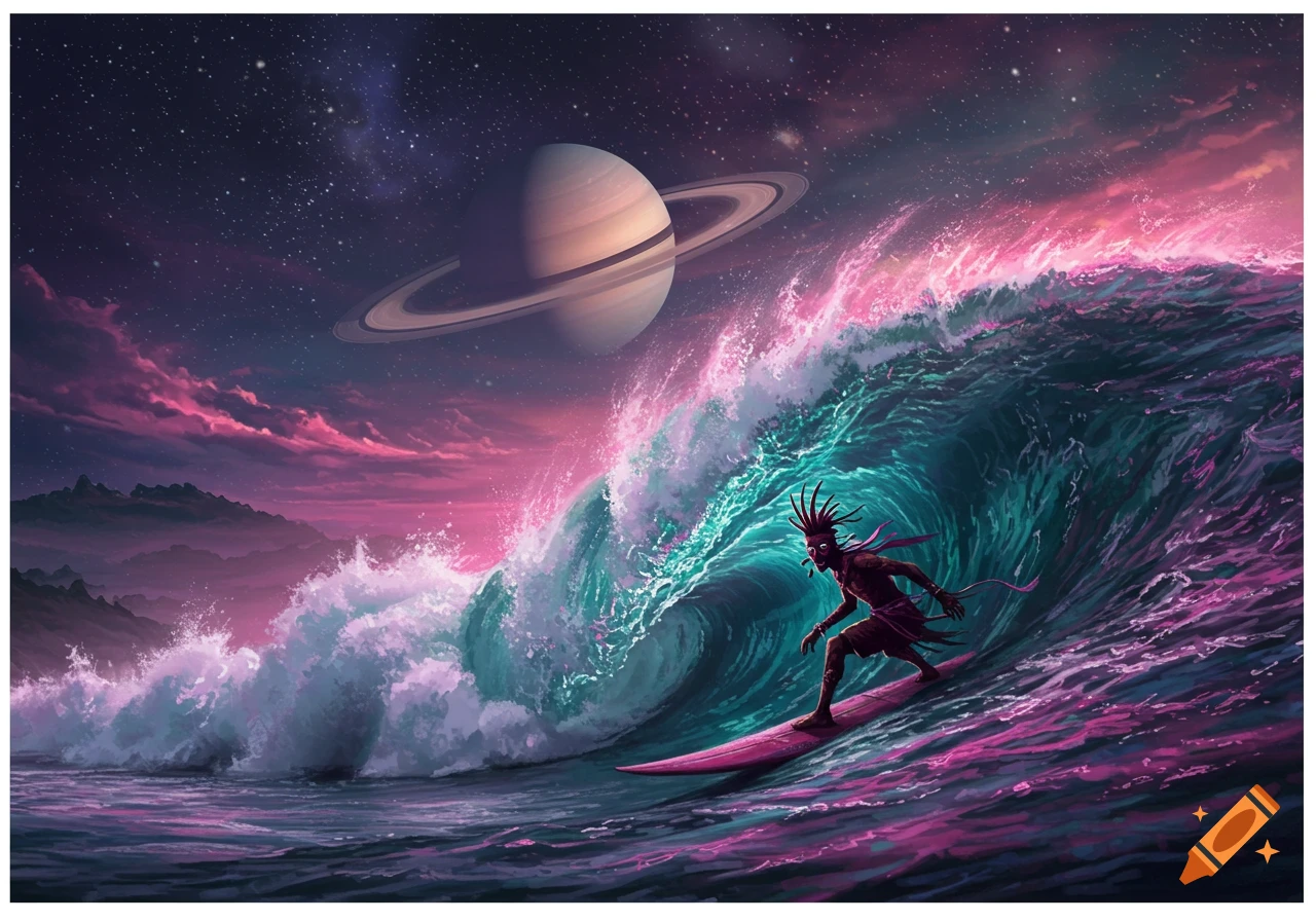 A stylized voodoo surfer rides a vibrant, turbulent wave under a starry night sky with Saturn looming large.