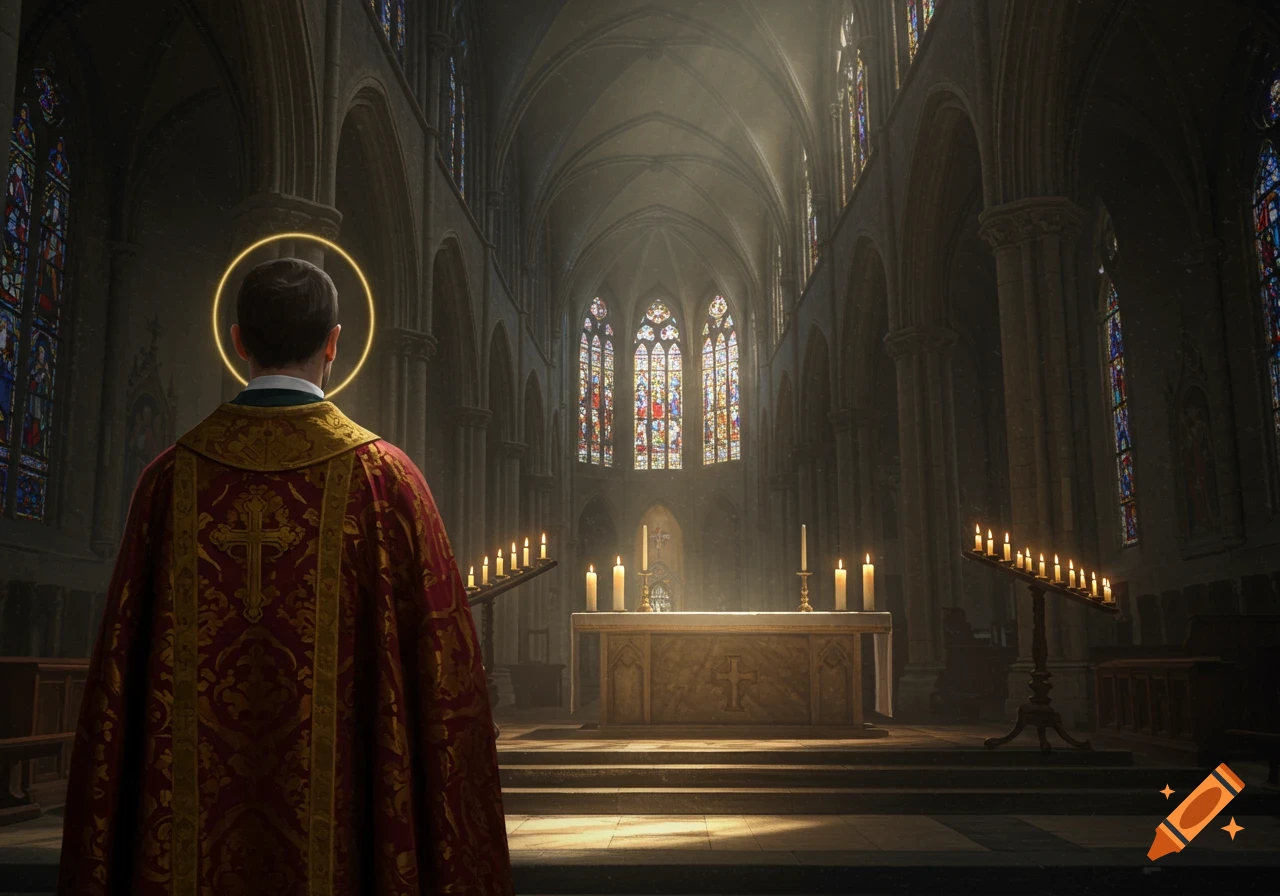A priest with a halo stands facing an altar in a grand, dimly lit church with stained glass windows and candles. Photorealistic style.