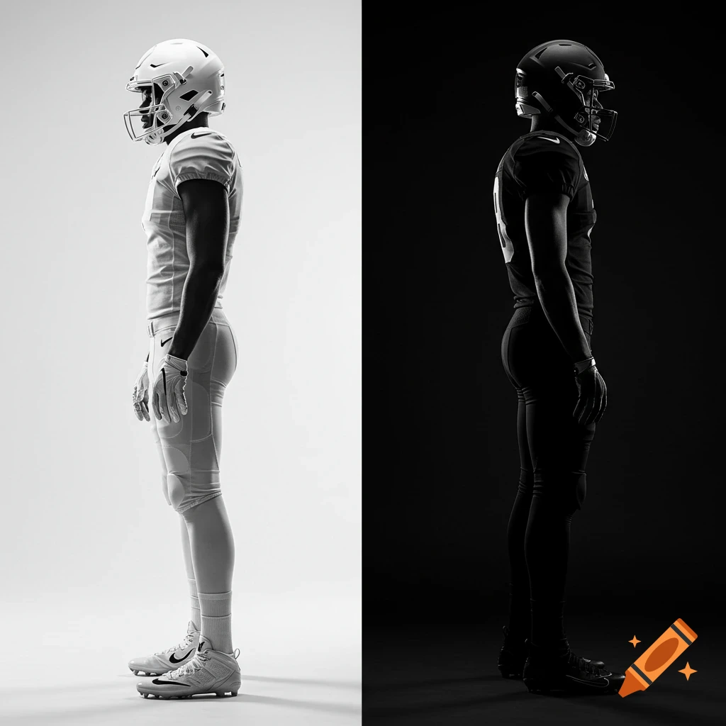 Monochrome studio photo of two football players in profile, one in white on a white background, the other in black on a black background.