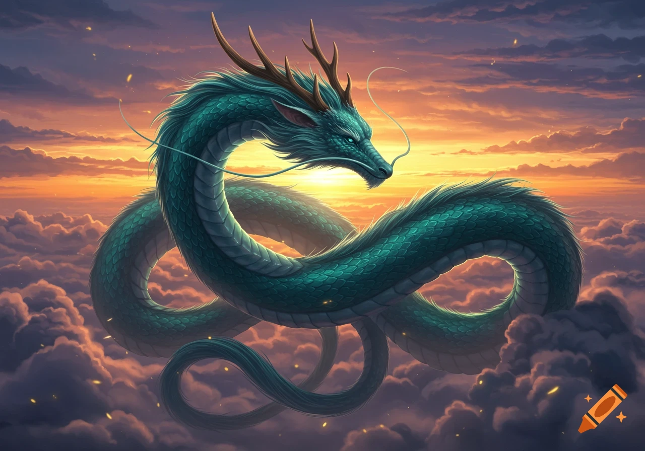 A majestic teal and green oriental dragon with antlers soars gracefully through a cloudy sunset sky, vibrant with orange and purple hues.