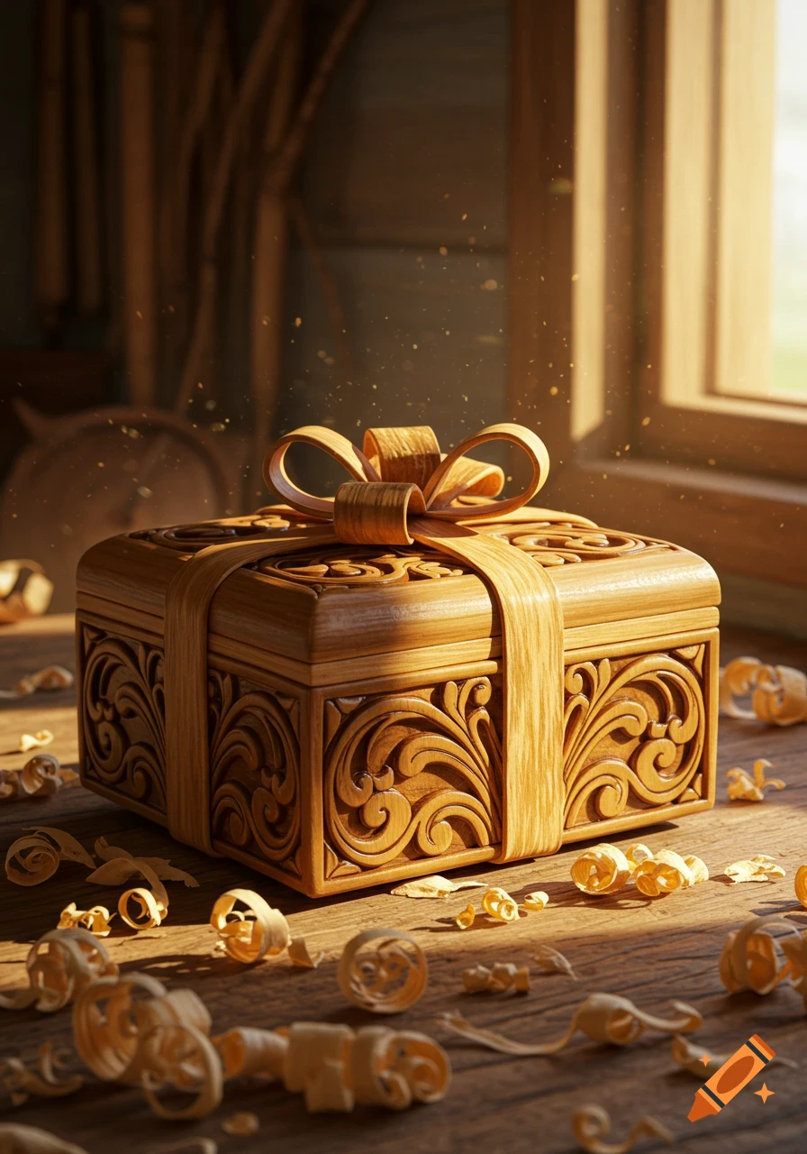 A beautifully carved wooden gift box with a wooden ribbon, surrounded by wood shavings, in warm sunlight.