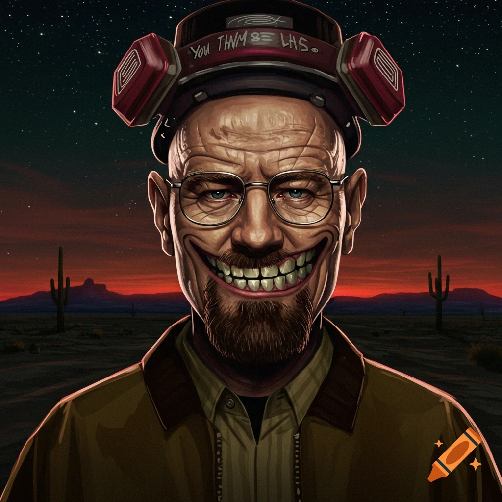 Caricature of Walter White from Breaking Bad with a troll face, wearing a respirator headset, in a desert at sunset.