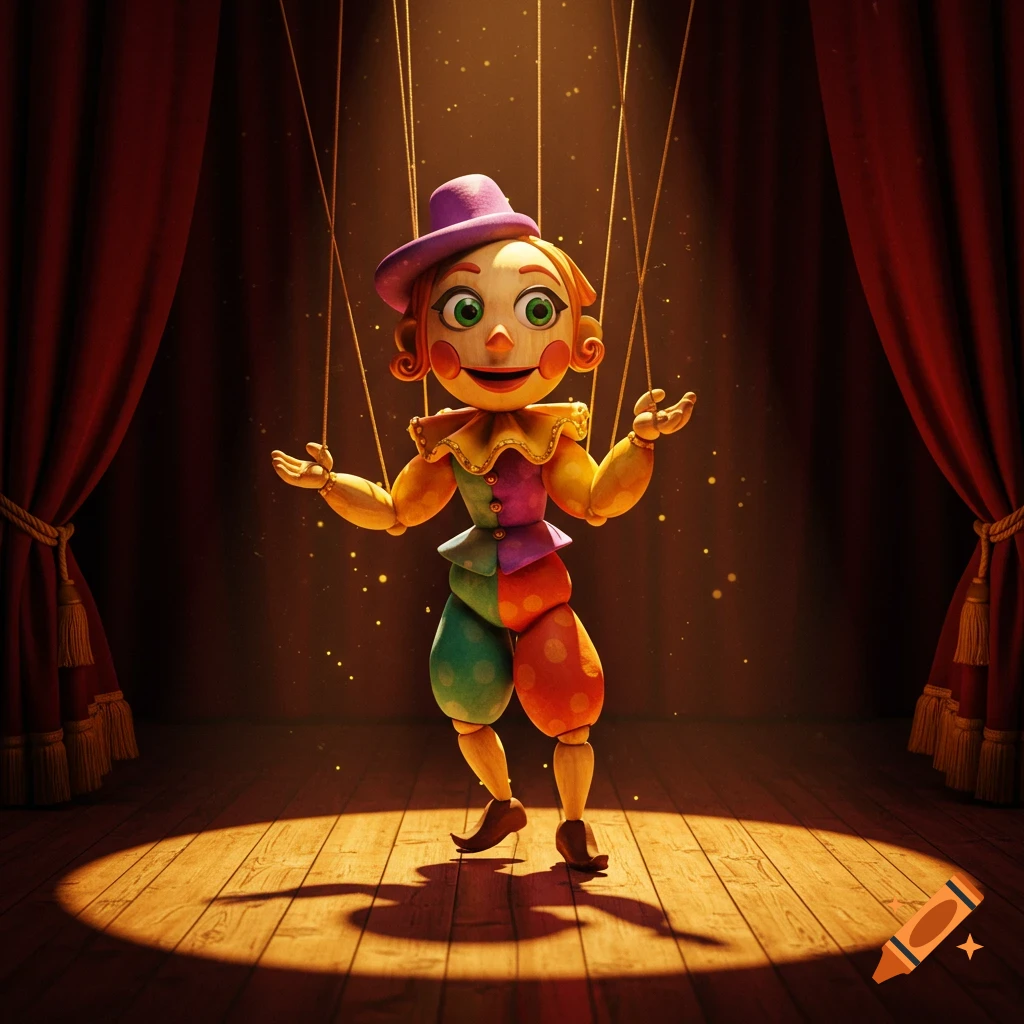 A colorful puppet with a purple hat and patchwork outfit stands on a spotlighted wooden stage with red curtains.