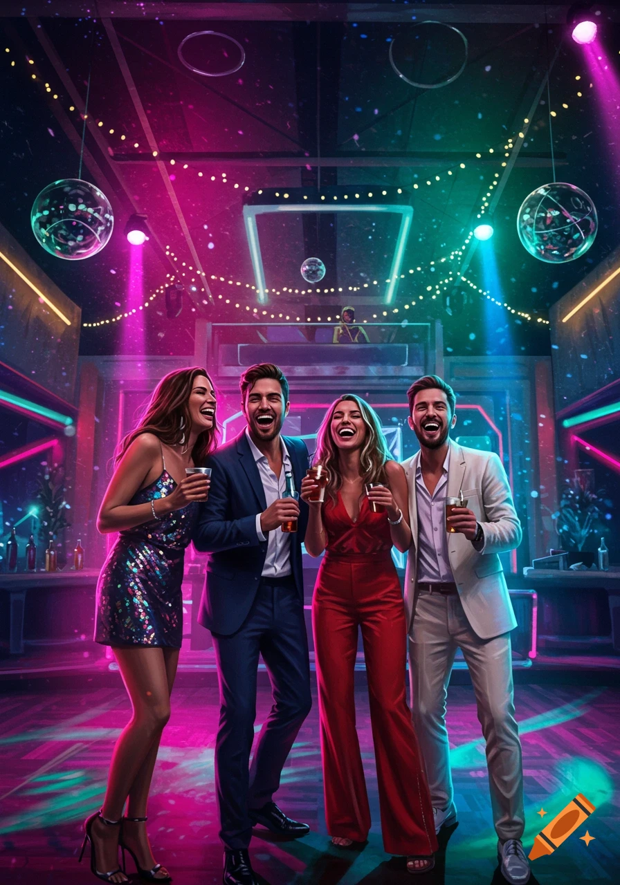 Four smiling friends in a vibrant, neon-lit nightclub, laughing and holding drinks.