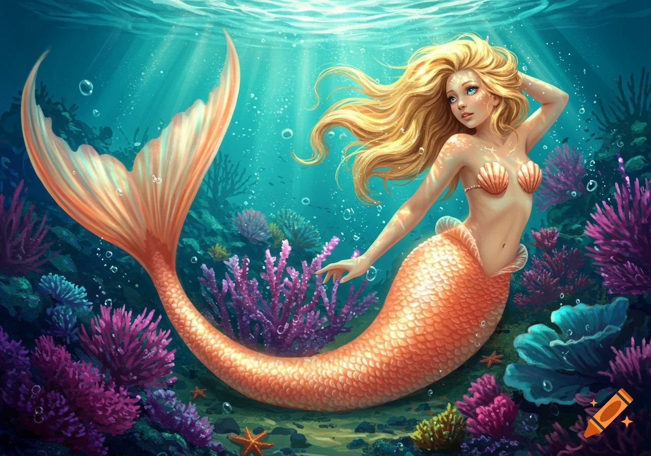 A beautiful blonde mermaid with an orange tail and seashell top swims gracefully in a vibrant underwater coral reef, with sunlight filtering through.