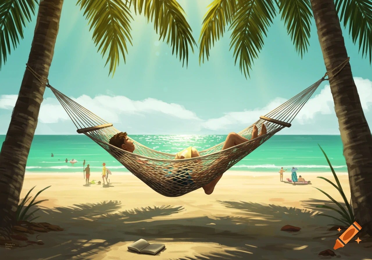 Illustrated scene of a person relaxing in a hammock strung between palm trees on a tropical beach with an emerald sea.