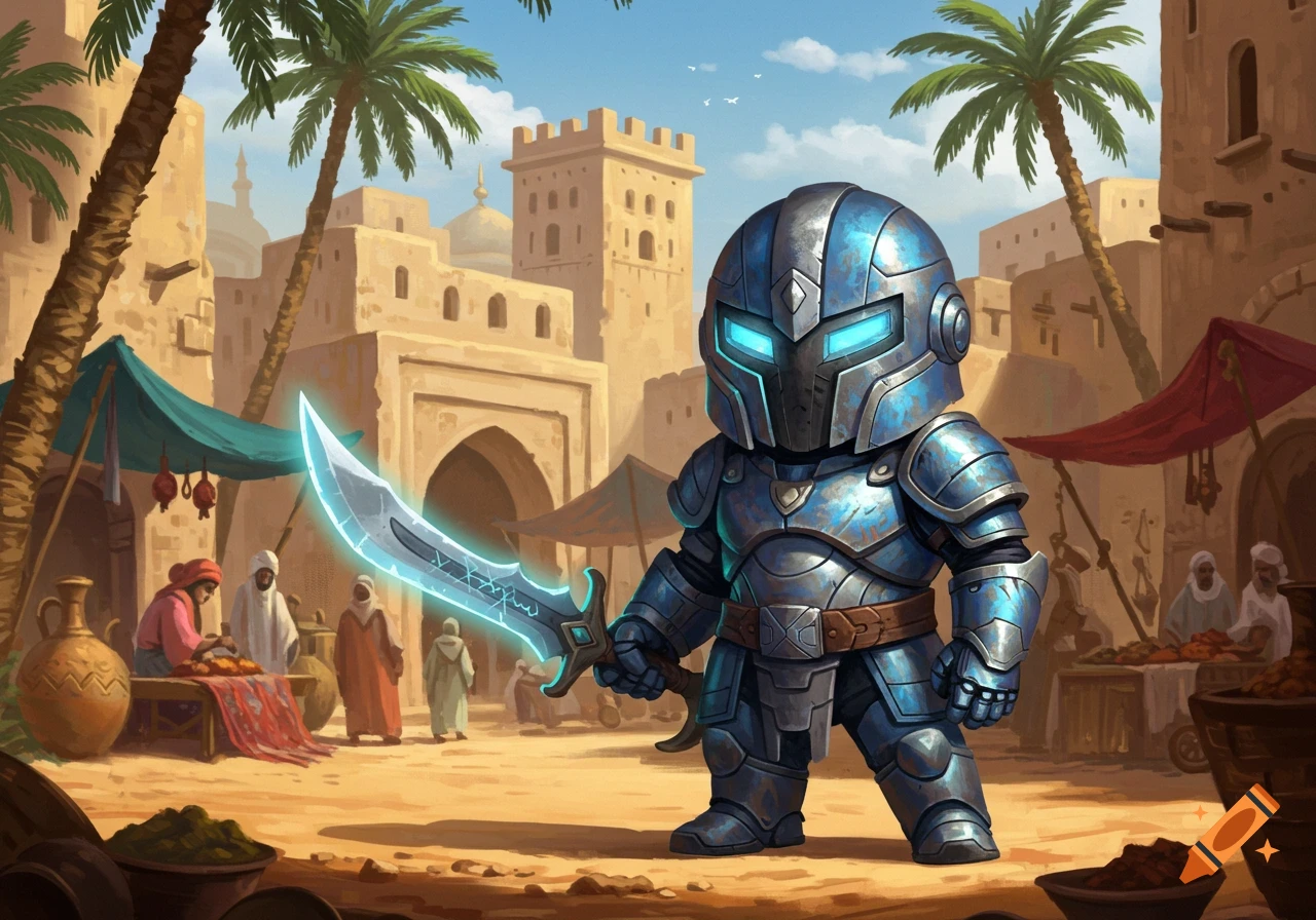 A stylized armored robot character with glowing blue eyes and a glowing sword stands in a detailed Middle Eastern market.