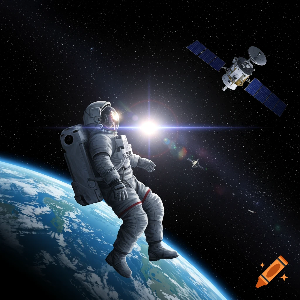 An astronaut floats in space above Earth with a bright sun and satellites in the background, photorealistic style.