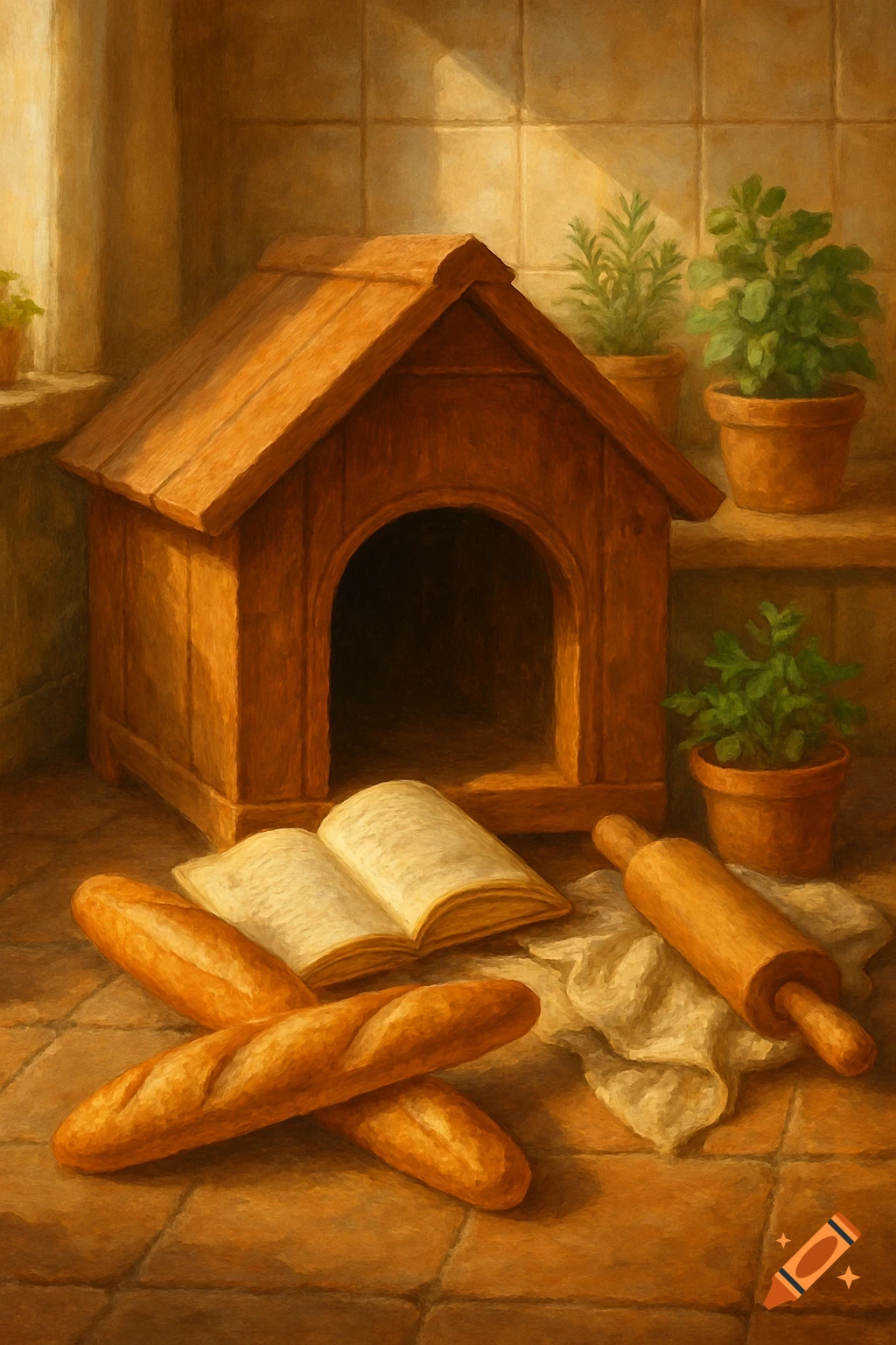 A painterly still life featuring a wooden doghouse, two baguettes, an open cookbook, a rolling pin, and potted herbs, bathed in warm morning light on a tiled floor.
