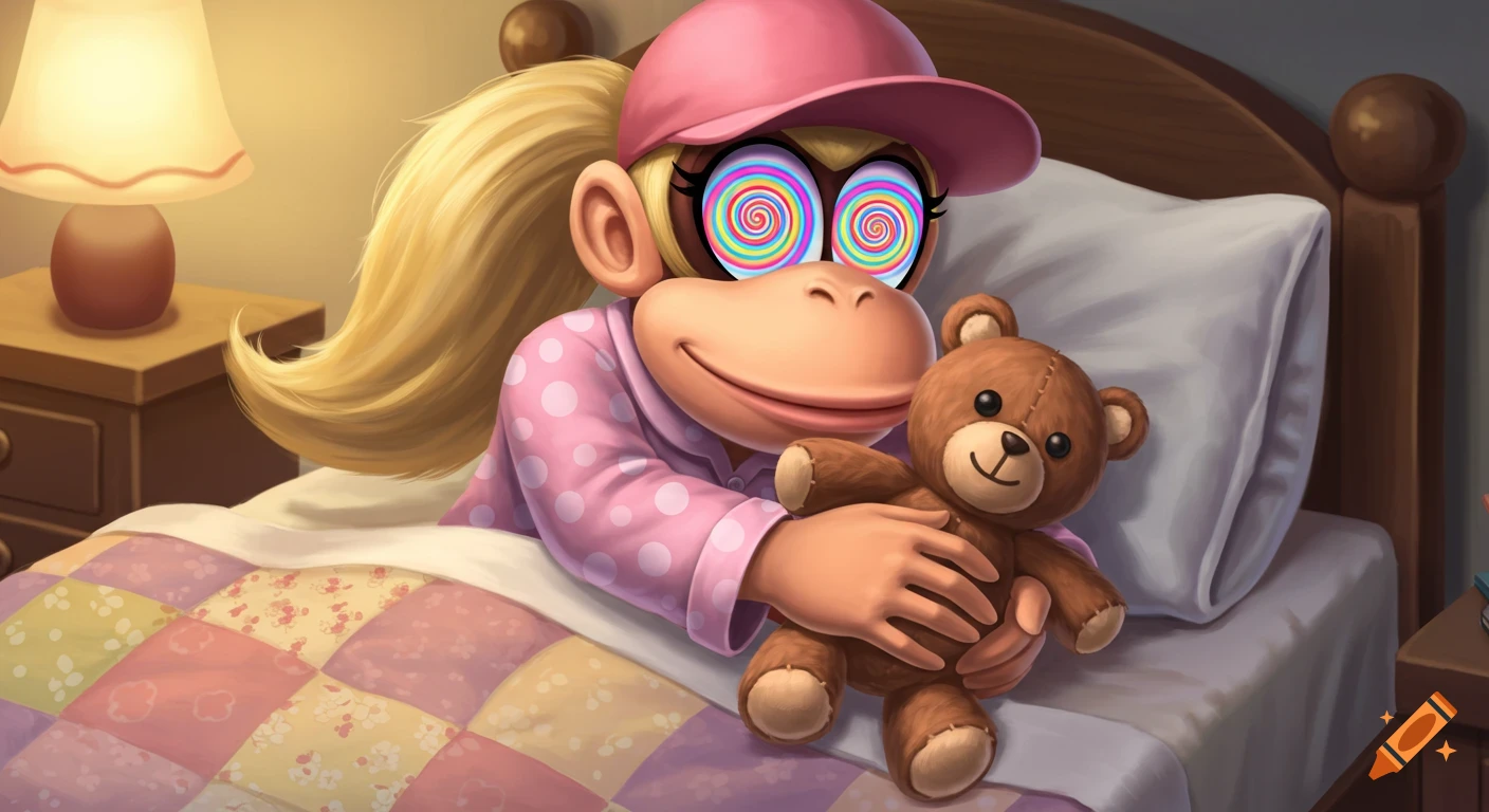 Dixie Kong in pink polka dot pajamas lies in bed, eyes swirling with colorful spirals, hugging a brown teddy bear.