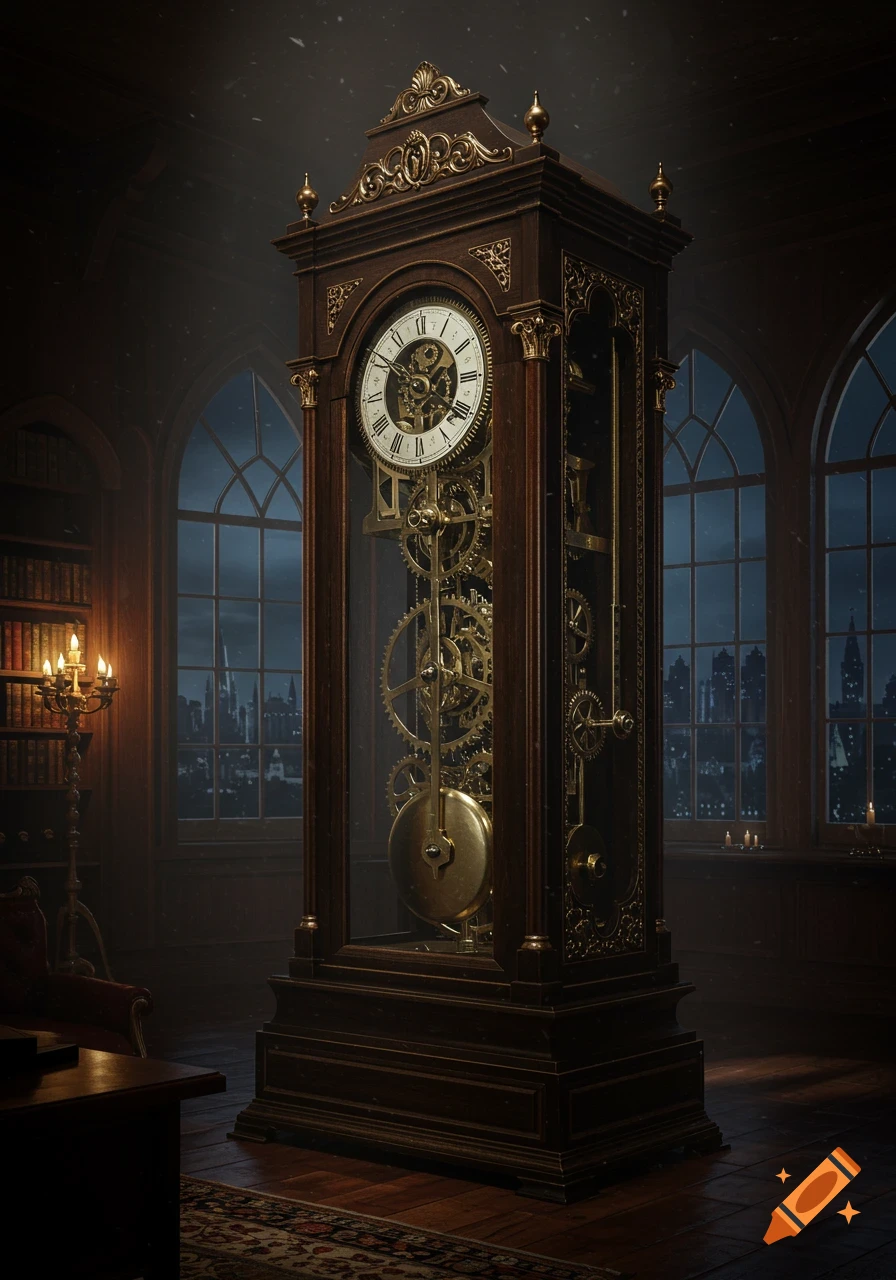 Ornate wooden grandfather clock with visible golden gears in a vintage room with arched windows overlooking a city at night, photorealistic.