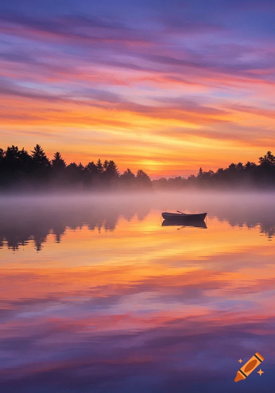 A colorful sunrise paints the sky orange, pink, and purple over a foggy lake with a lone rowboat, reflected in the calm water.
