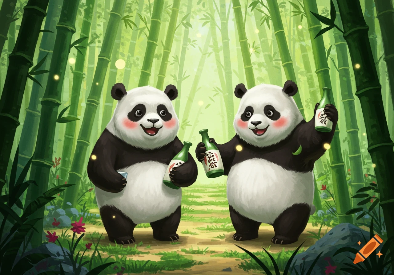 Two cartoon pandas with rosy cheeks hold green bottles with garbled labels in a vibrant bamboo forest with fireflies.