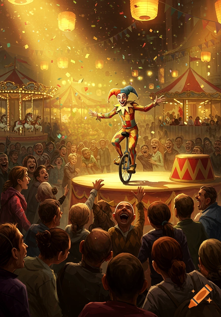 A colorful harlequin on a unicycle performs on a stage for a laughing crowd at a vibrant, festive carnival.