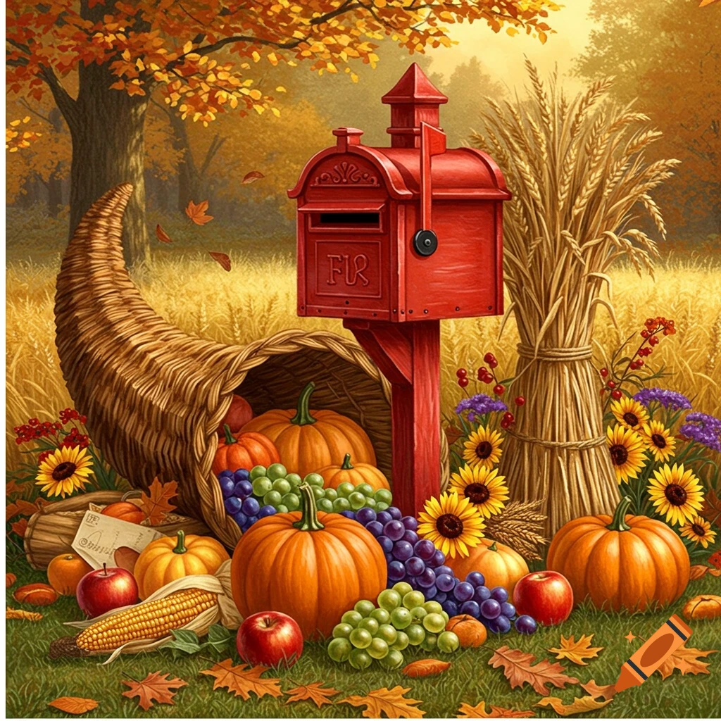 A red mailbox and a cornucopia overflowing with pumpkins, grapes, apples, and corn in an autumn field with fall leaves.