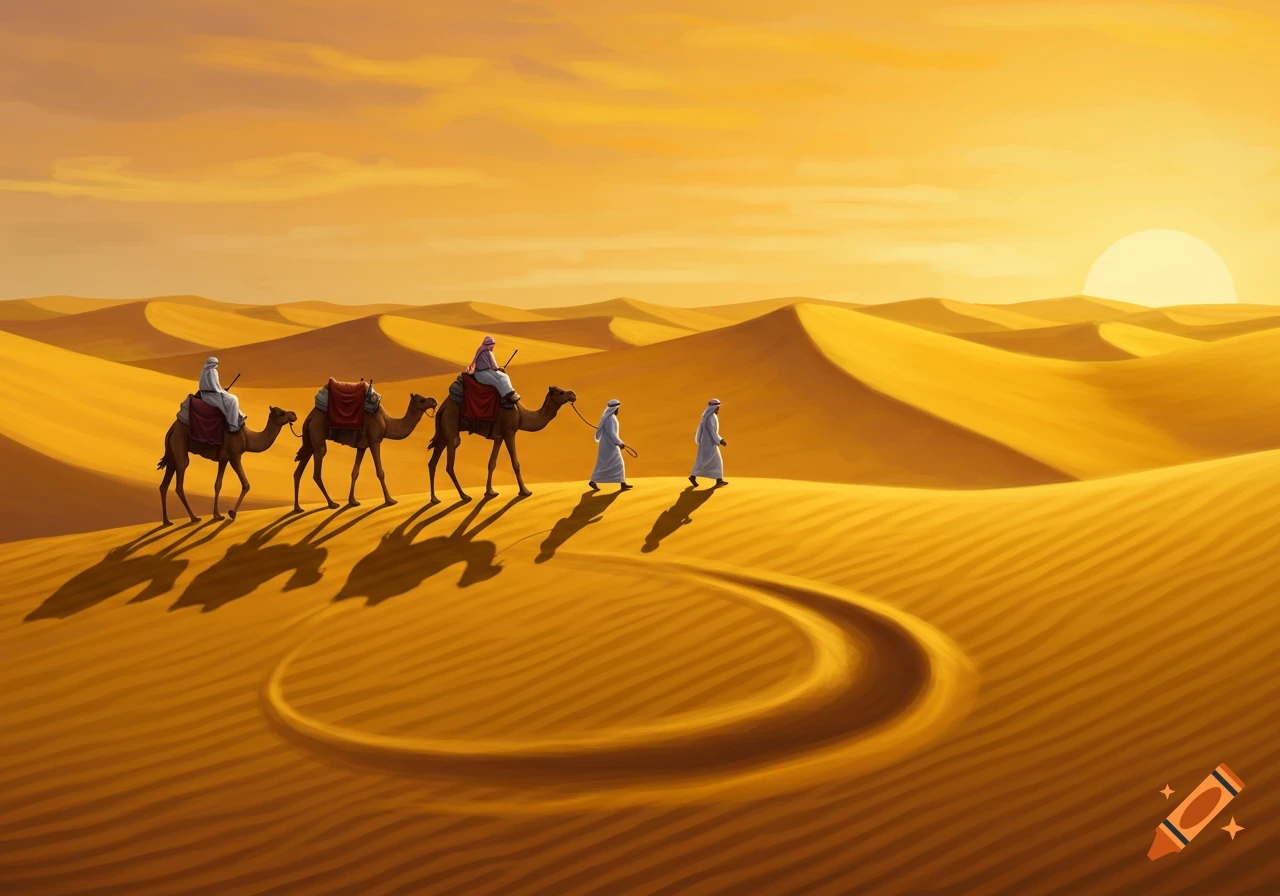 Stylized desert landscape with a caravan of people and camels walking across golden sand dunes at sunset.