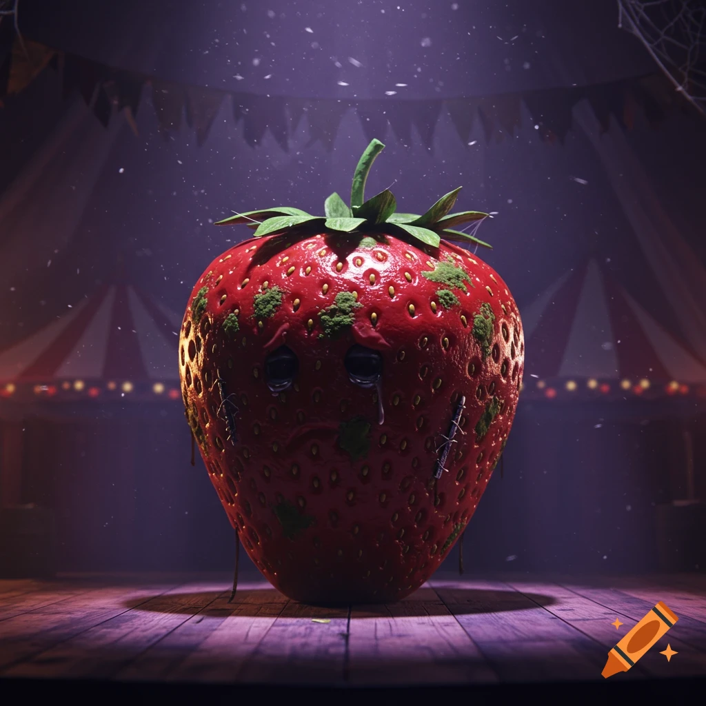 Sad, moldy strawberry animatronic with tears on a wooden stage in a dark circus tent, fantasy style.
