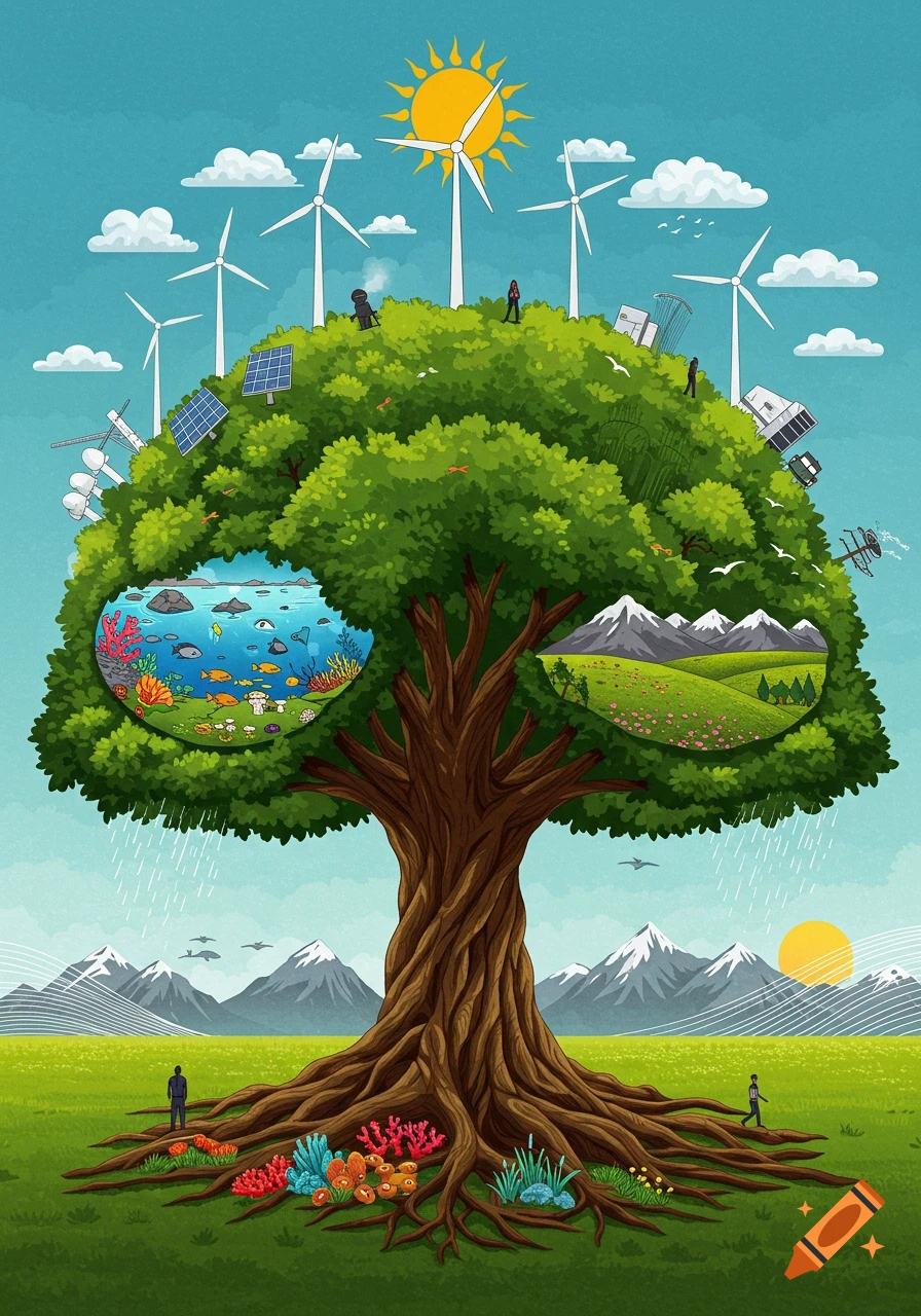 An illustrative image of a large tree symbolizing environmental sustainability, featuring wind turbines, solar panels, an ocean scene, and a landscape within its canopy and roots.