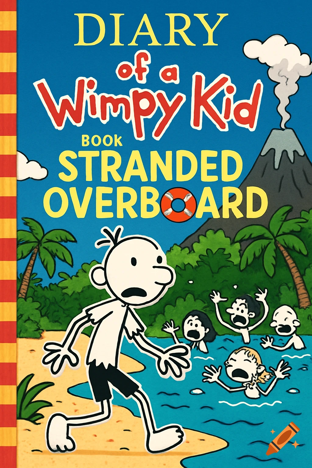 A cartoon book cover for "Diary of a Wimpy Kid: Stranded Overboard" features Greg Heffley on a beach with others in the water and a volcano in the background.