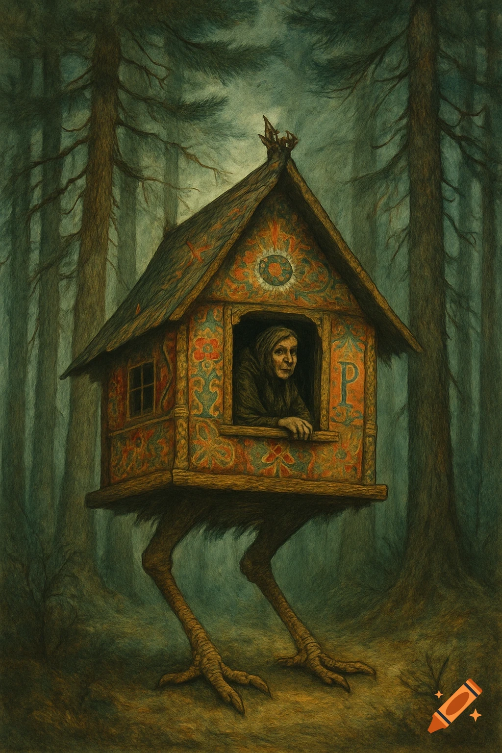 A woman resembling Baba Yaga peeks from a colorful, patterned hut on chicken legs in a dark, stylized forest, folklore art style.