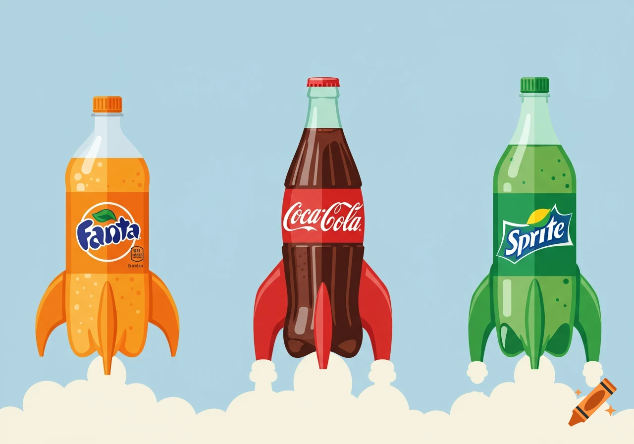 An illustration of Fanta, Coca-Cola, and Sprite soda bottles styled as rockets, launching with white smoke.